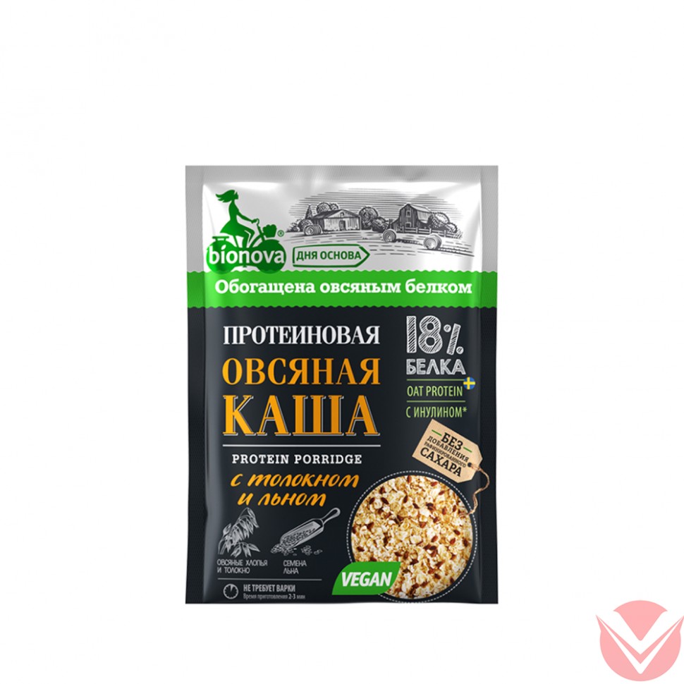 Овсяная каша Bionova протеиновая с толокном и льном, 40г фото 1 — Интернет-магазин доставки продуктов и воды ВКУСНЫЙ