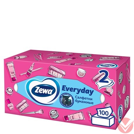 Салфетки Zewa Everyday бумажные косметические 2-слойные, 100листов Артикул: 246079 фото 1 — Интернет-магазин доставки продуктов и воды ВКУСНЫЙ